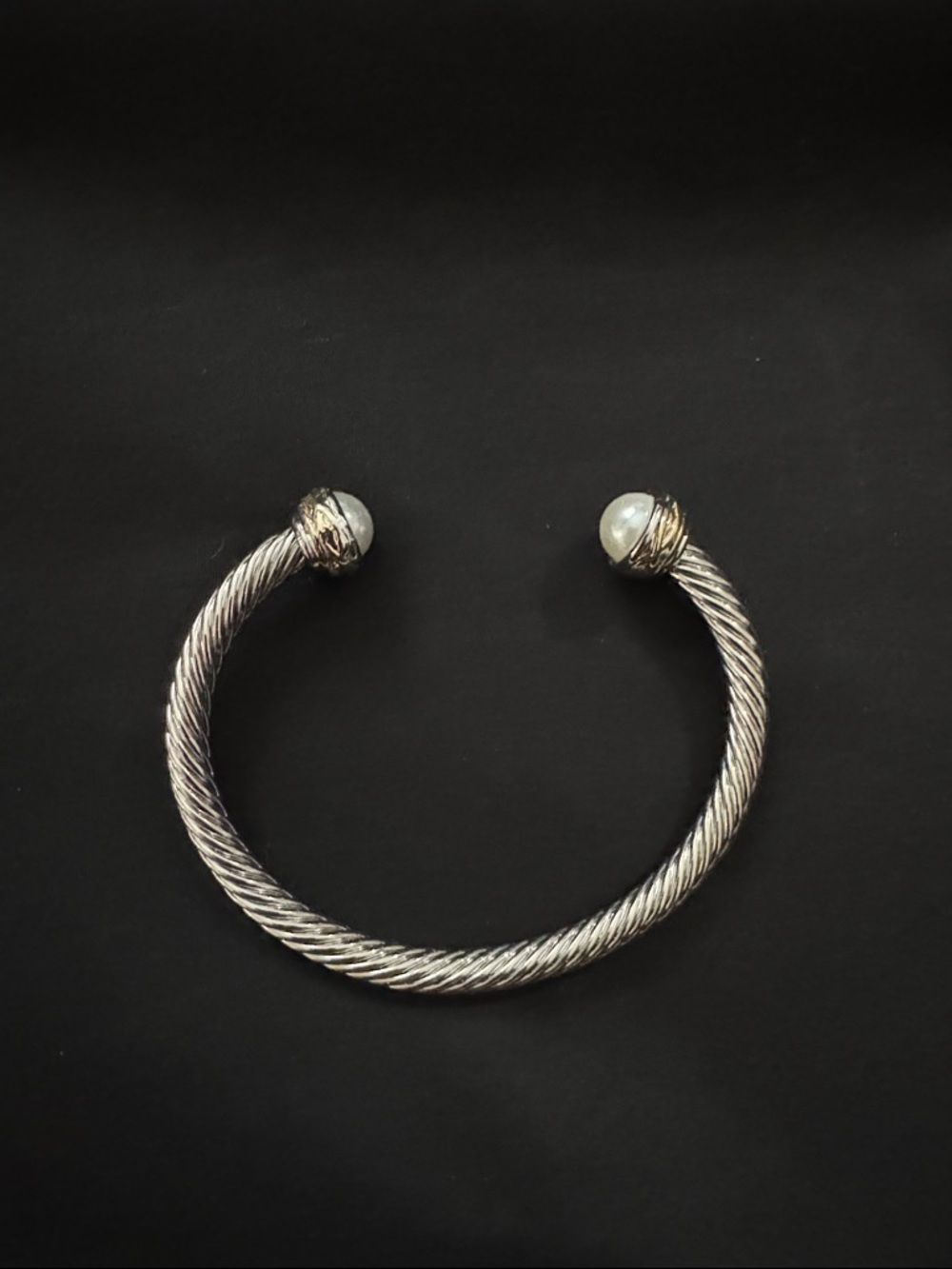 Twisted Cable Open Cuff Bracelet with Pearl End Caps - Silver Tone